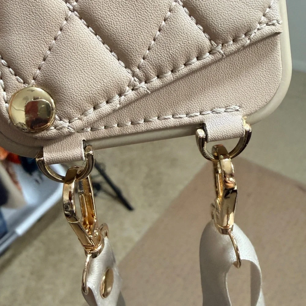 iPhone 14 Pro Lanyard Quilted Beige Phone Case with Gold Accents OnLY. Not Max